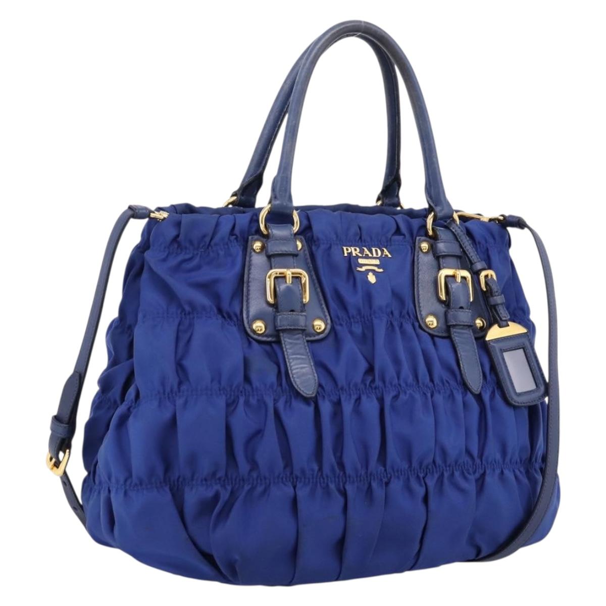 PRADA Gathered Hand Bag Nylon 2way Blue Gold Auth 207154A