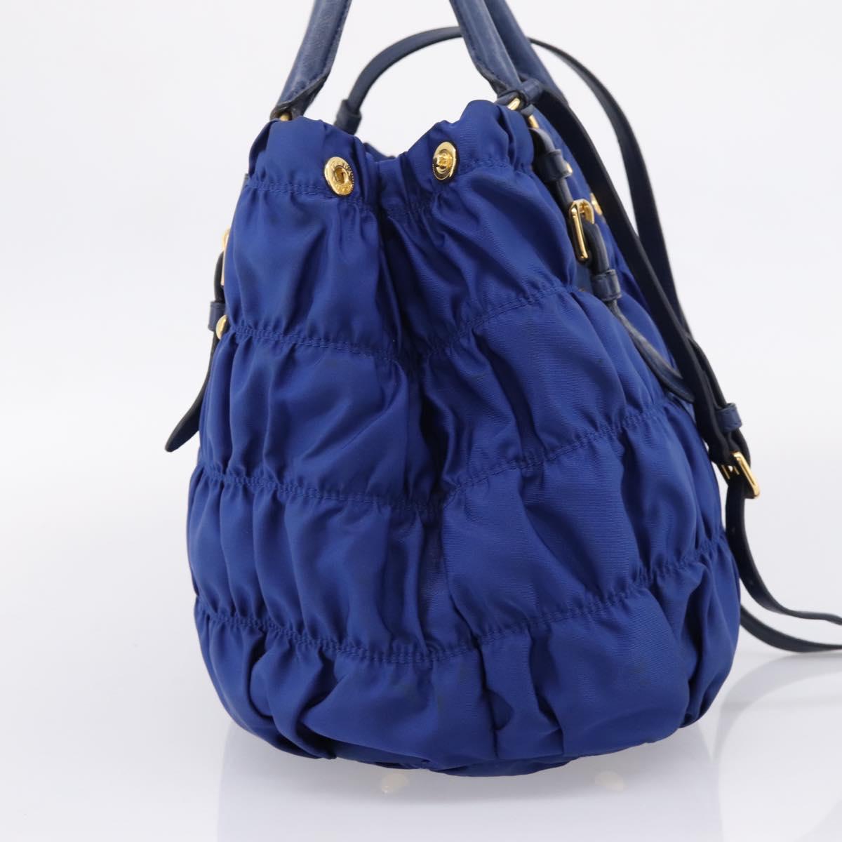 PRADA Gathered Hand Bag Nylon 2way Blue Gold Auth 207154A