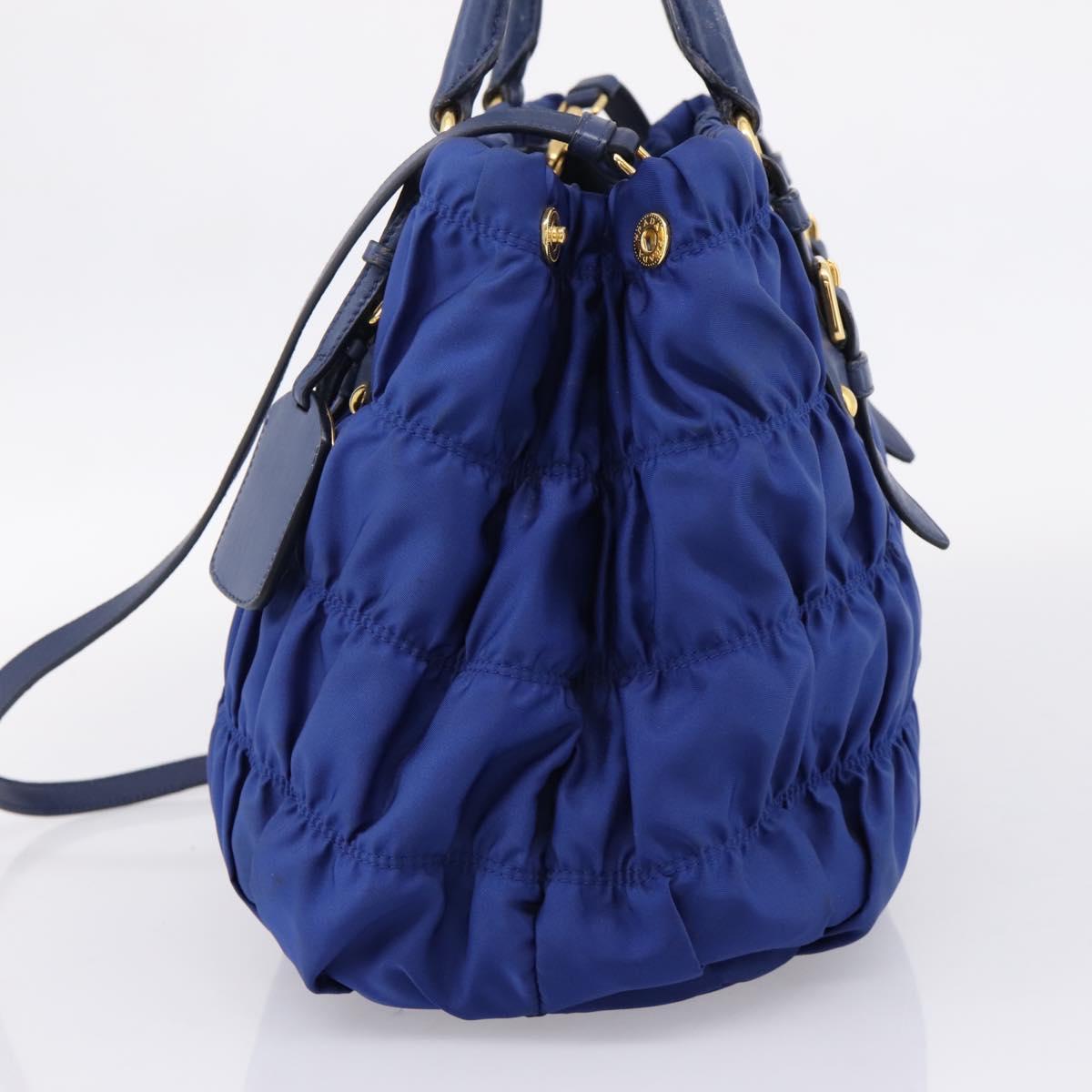 PRADA Gathered Hand Bag Nylon 2way Blue Gold Auth 207154A