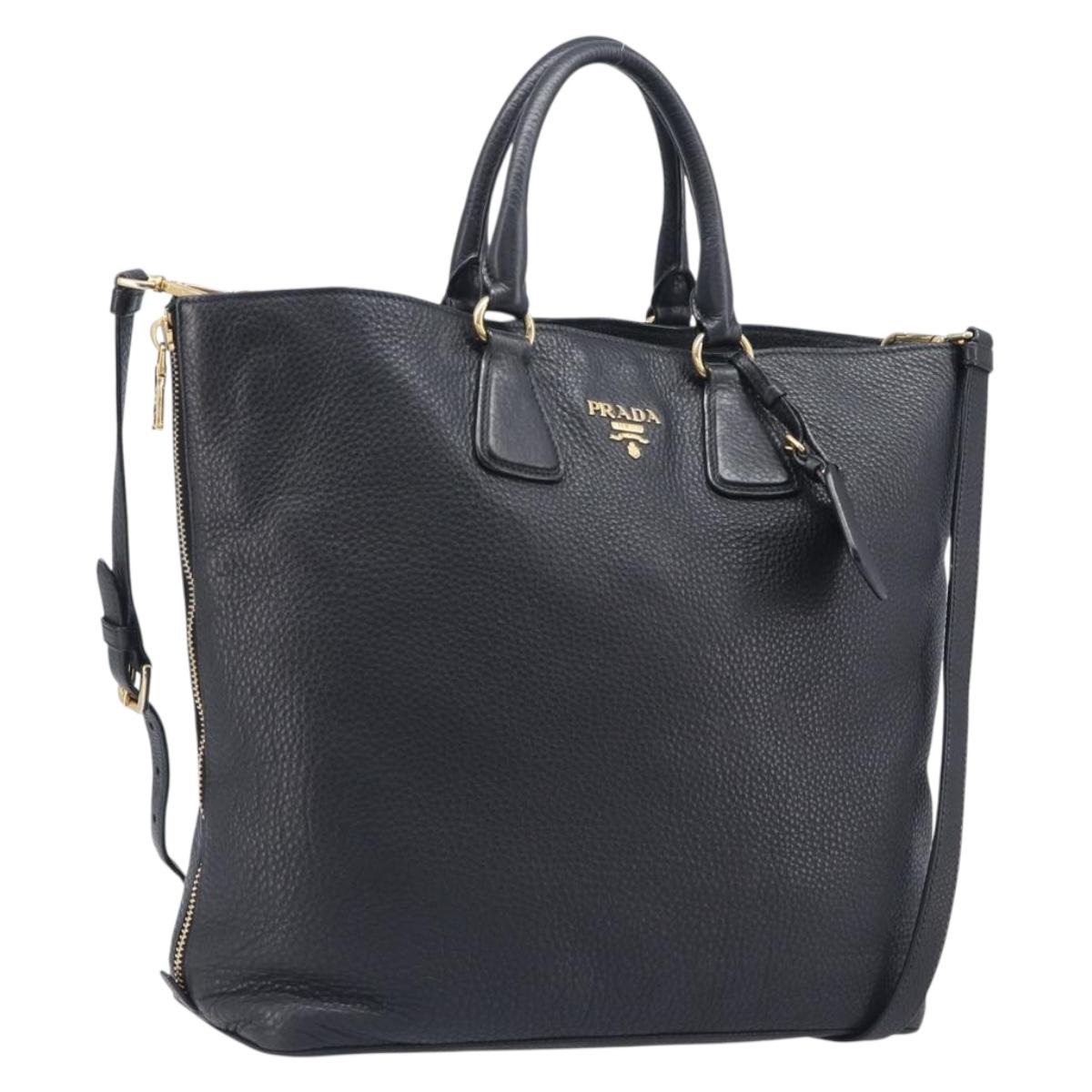 PRADA Hand Bag Vittero Dino Leather 2way Black Gold Auth 207171A