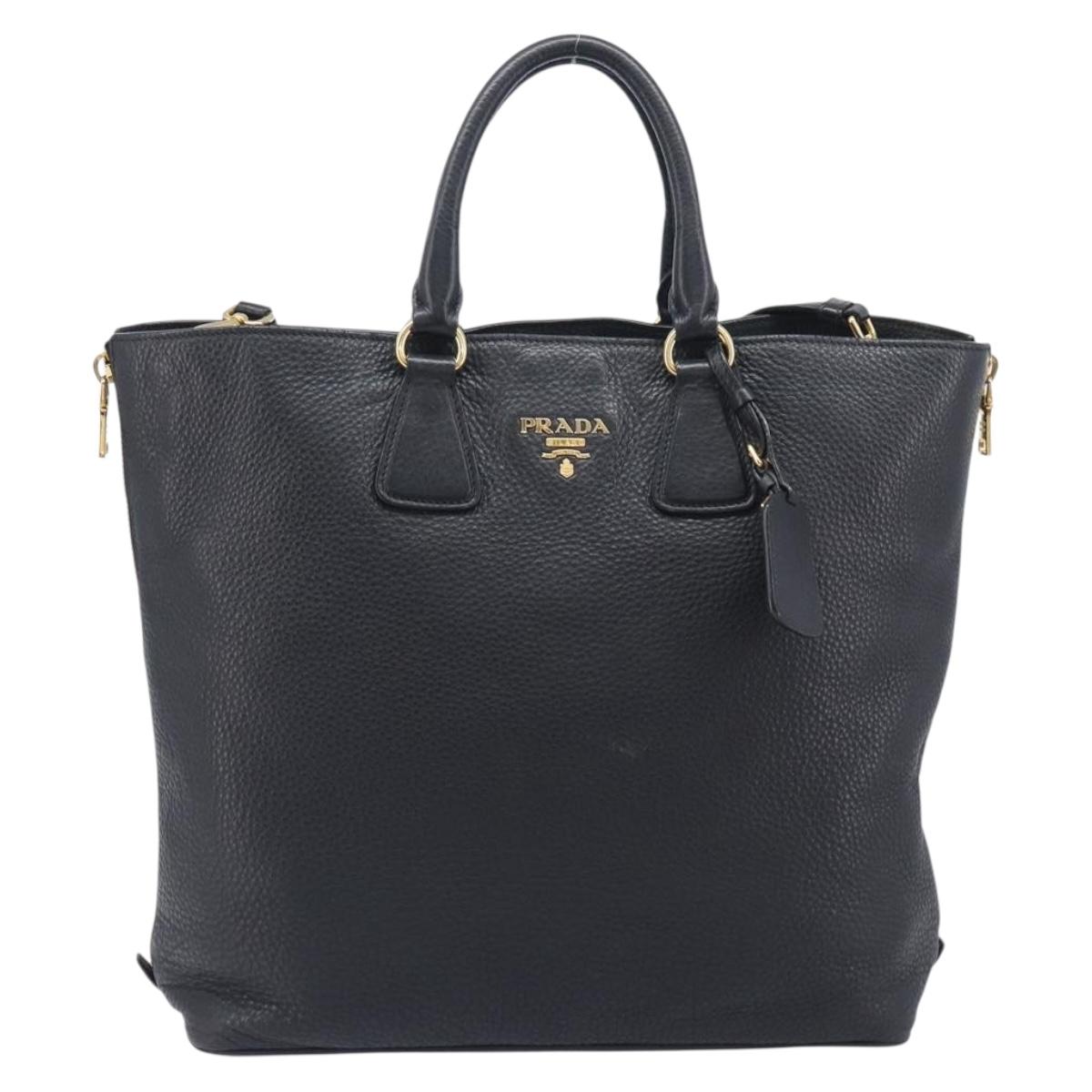 PRADA Hand Bag Vittero Dino Leather 2way Black Gold Auth 207171A