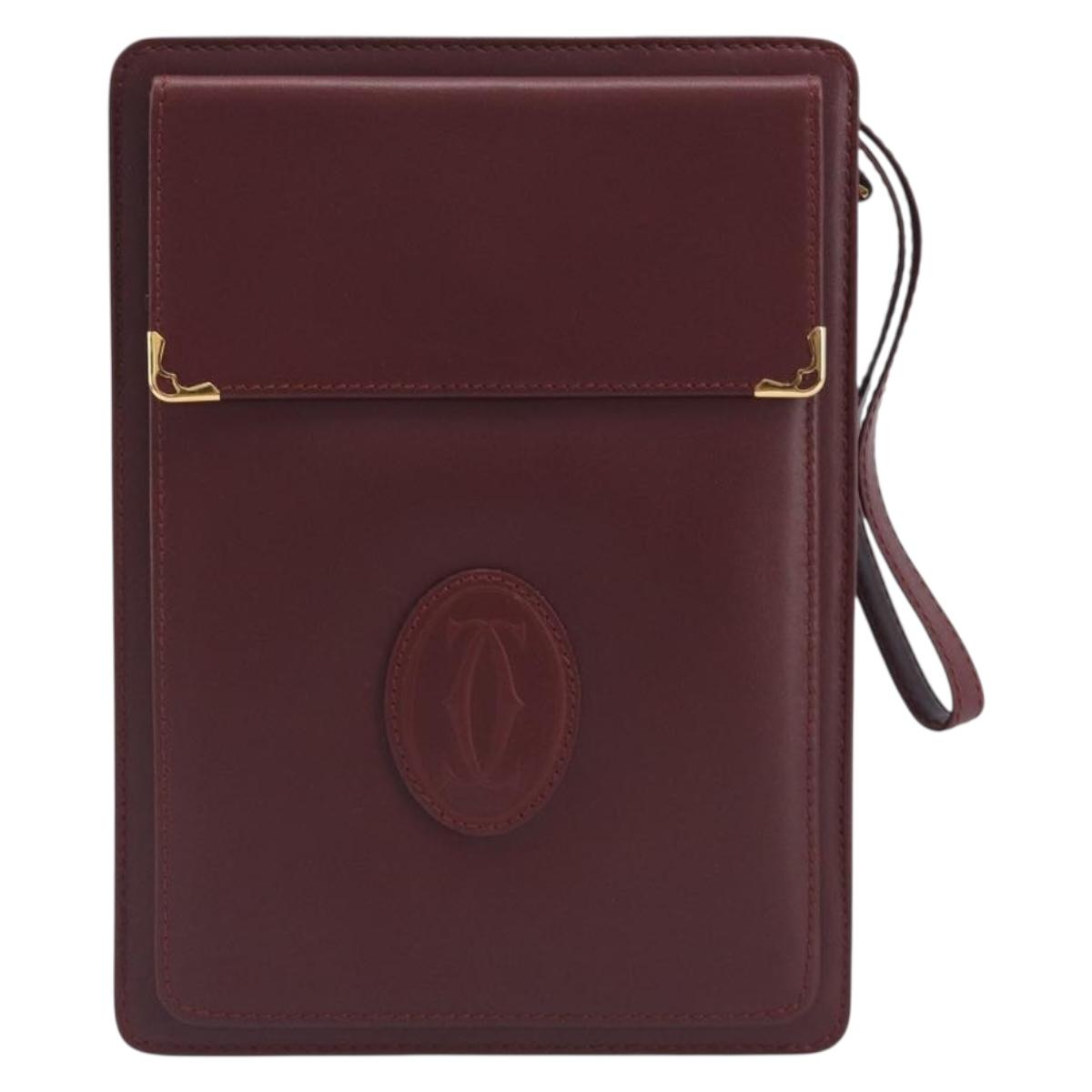 Cartier Must Line Clutch Bag Leather Bordeaux Gold Auth 207205V