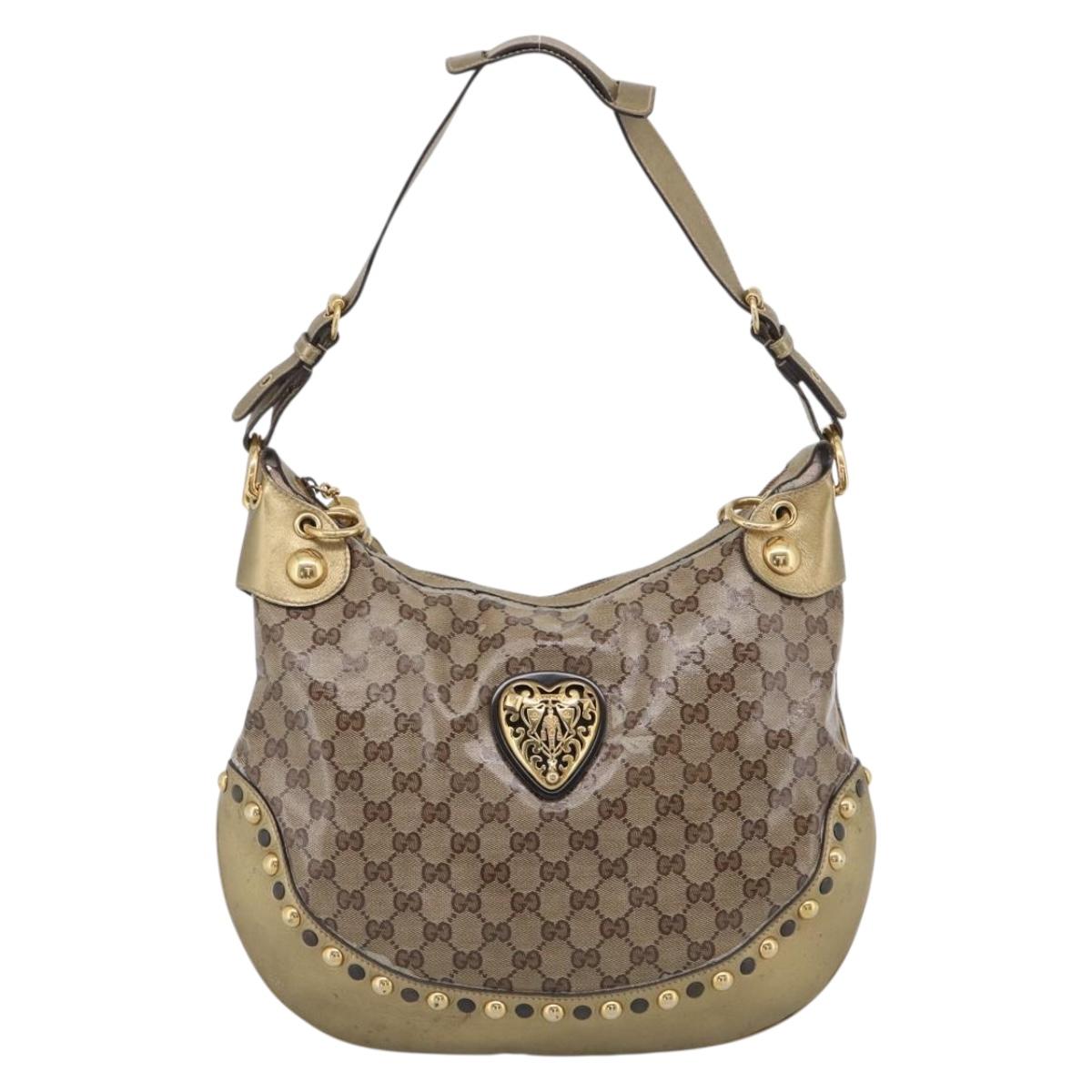GUCCI GG Crystal Shoulder Bag Patent leather Beige Gold Auth 207208