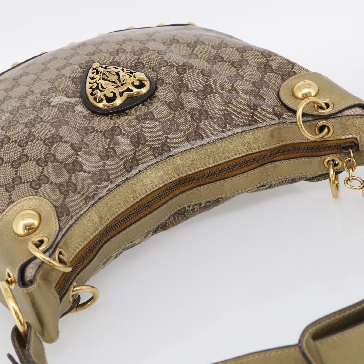 GUCCI GG Crystal Shoulder Bag Patent leather Beige Gold Auth 207208