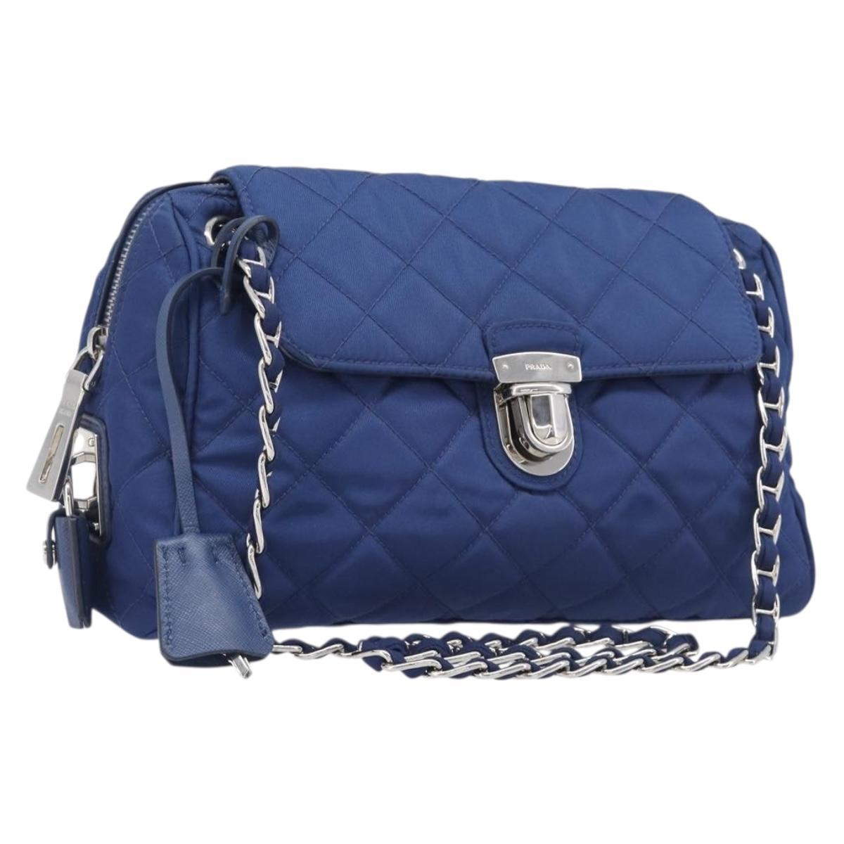 PRADA Chain Shoulder Bag Nylon Blue Silver Auth 207212A