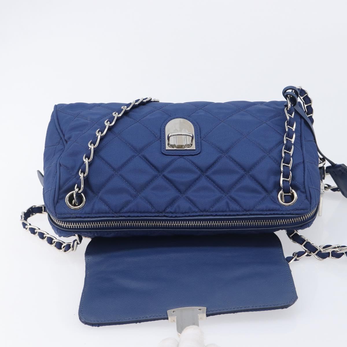 PRADA Chain Shoulder Bag Nylon Blue Silver Auth 207212A