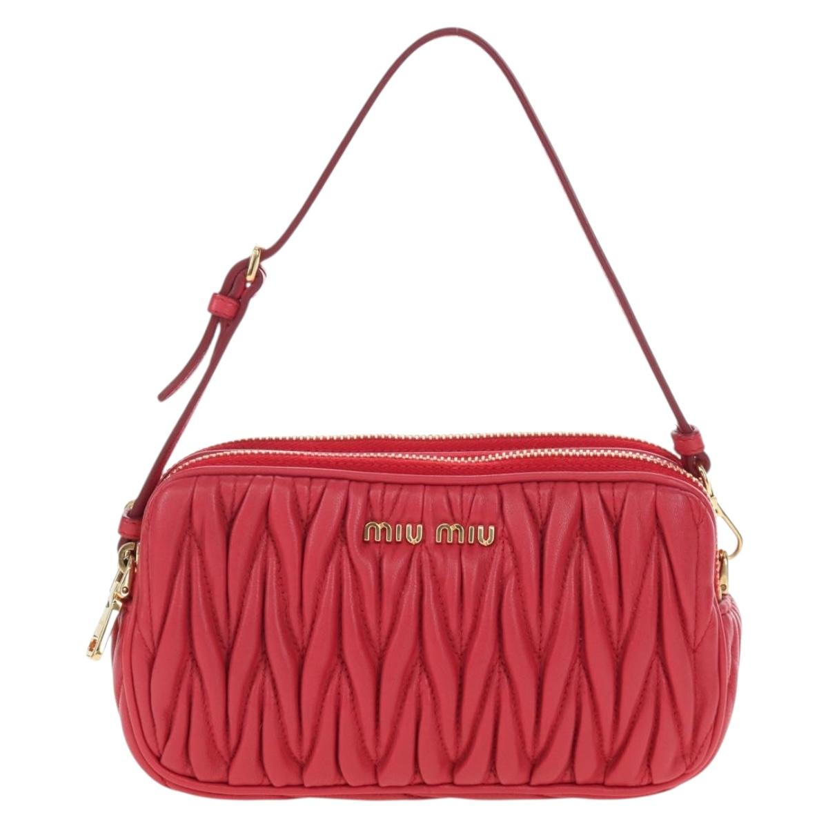 Miu Miu Matelasse Hand Pouch Leather Red Gold Auth 207215M