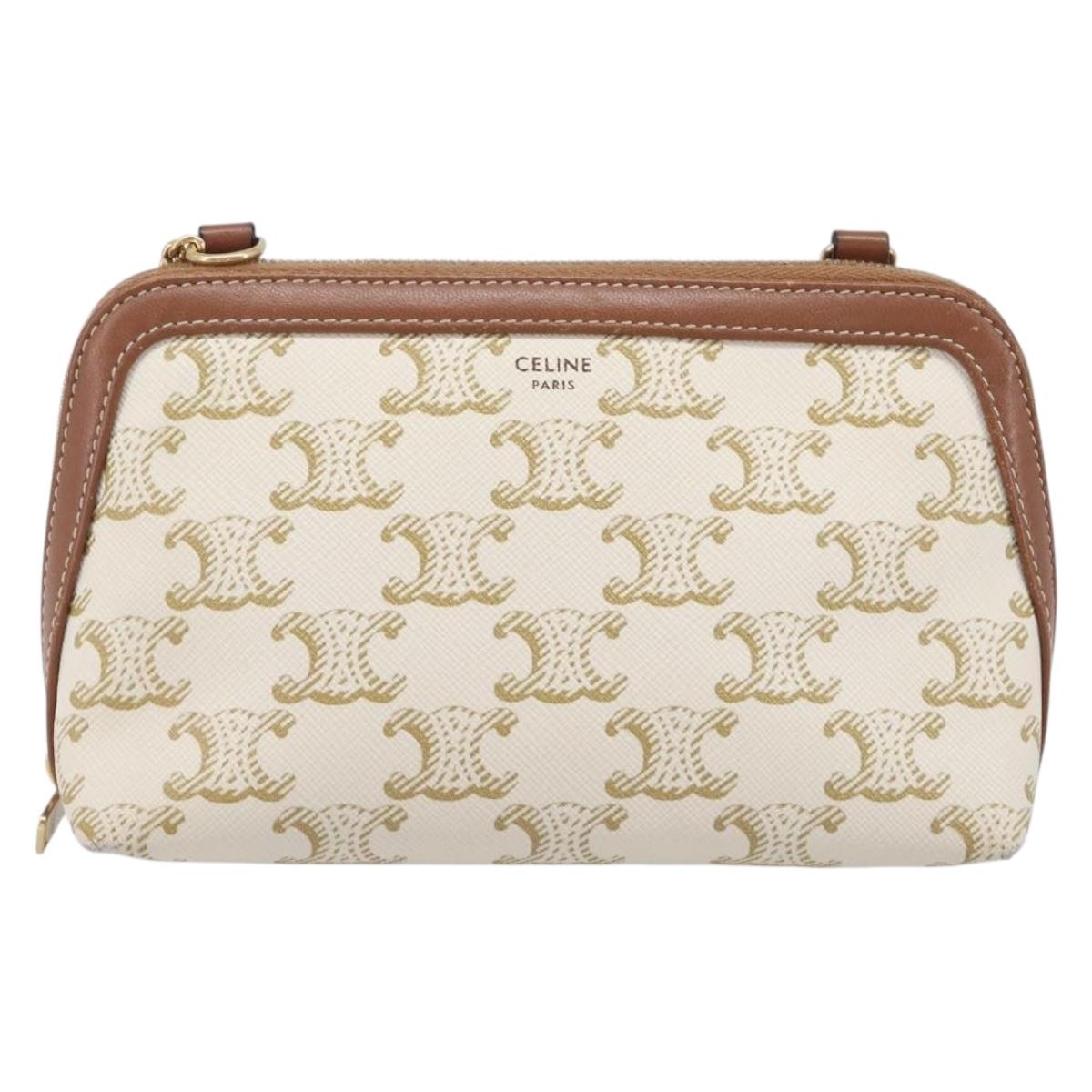 CELINE Triomphe Chain Shoulder Bag PVC White Gold Auth 207222A