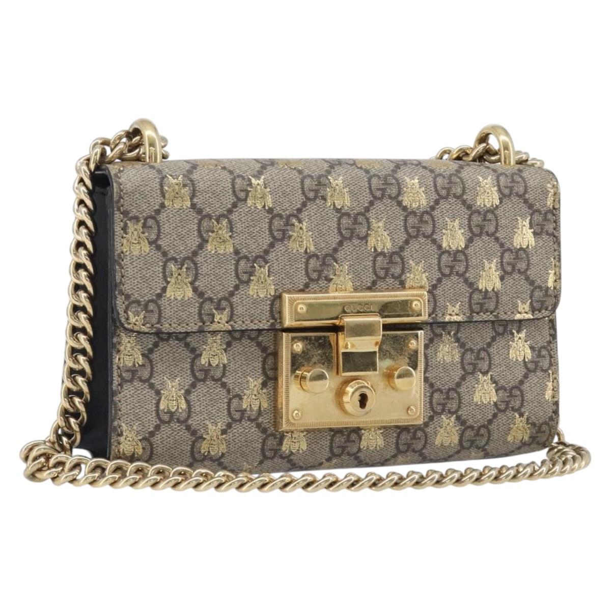 GUCCI GG Supreme Padlock Chain Shoulder Bag PVC Beige Gold 409487 Auth 207224A