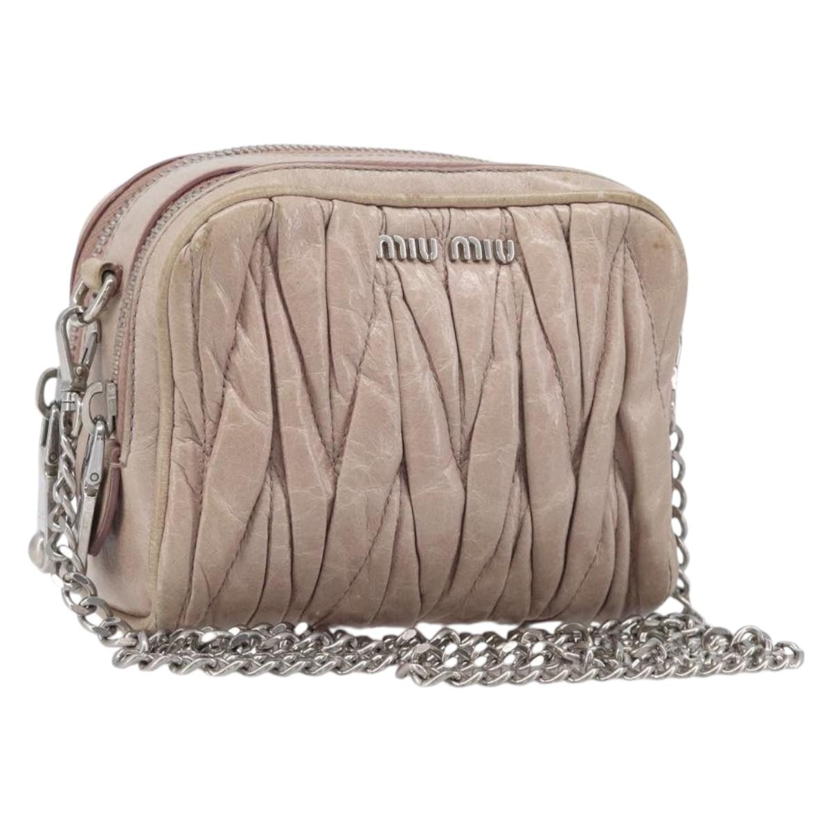 Miu Miu Matelasse Chain Shoulder Bag Leather Beige Silver Auth 207225A