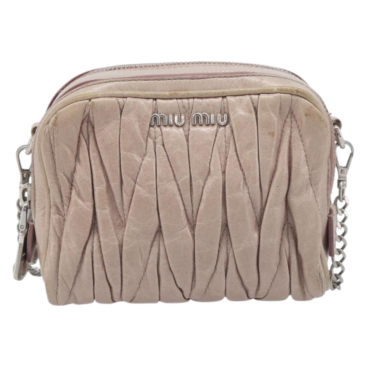 Miu Miu Matelasse Chain Shoulder Bag Leather Beige Silver Auth 207225A