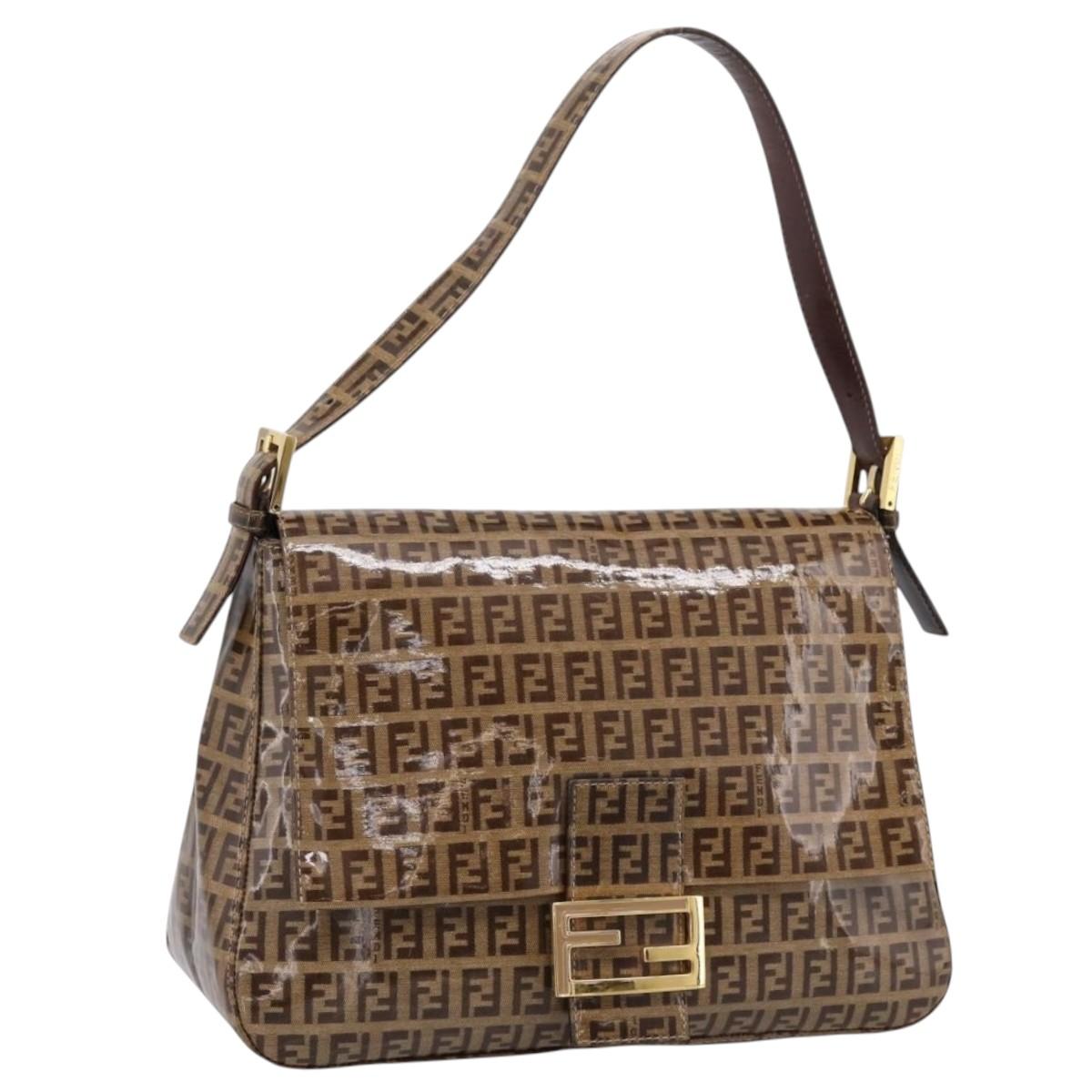 FENDI Zucchino Mamma Baguette Shoulder Bag Patent Beige Gold Tone Auth 207250V