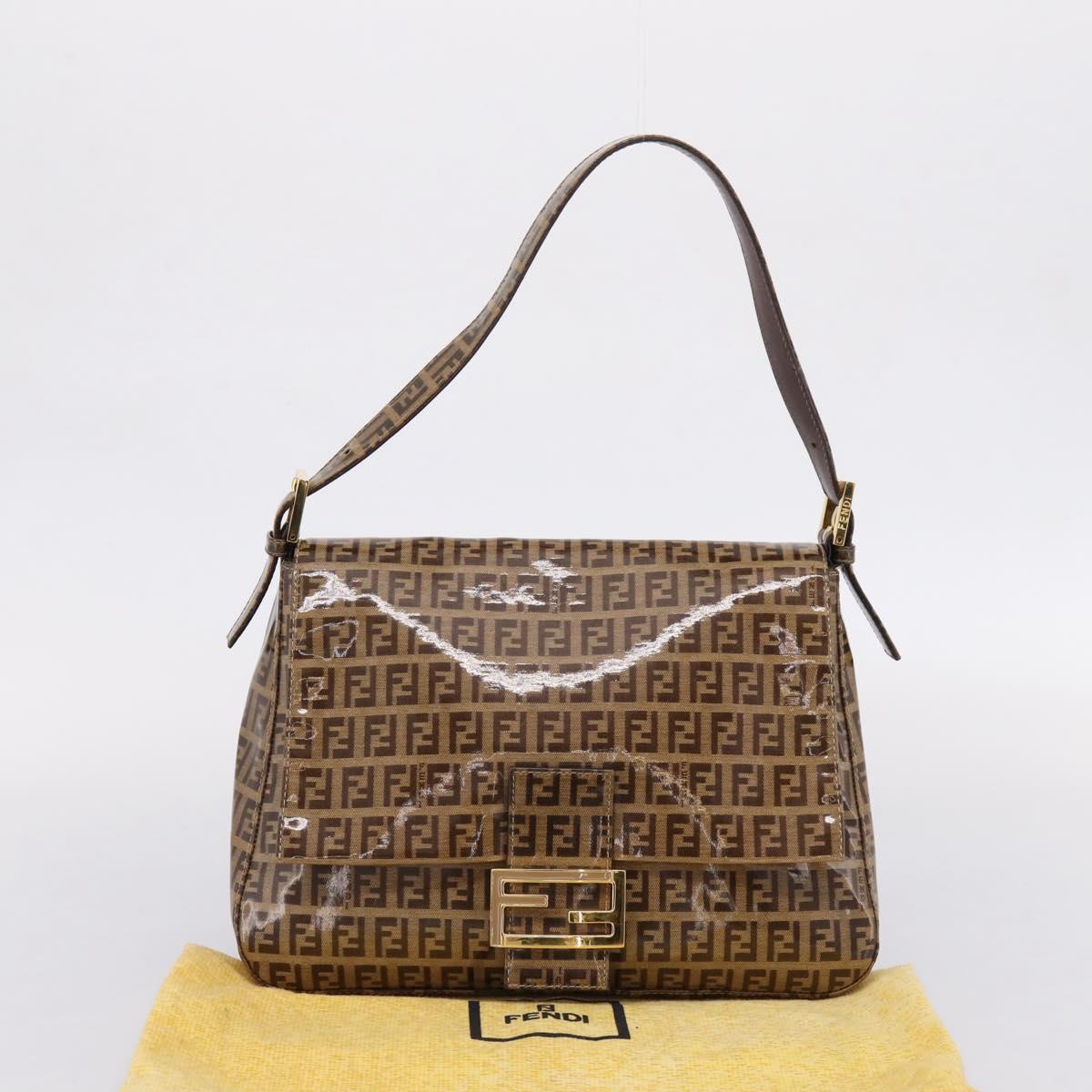 FENDI Zucchino Mamma Baguette Shoulder Bag Patent Beige Gold Tone Auth 207250V