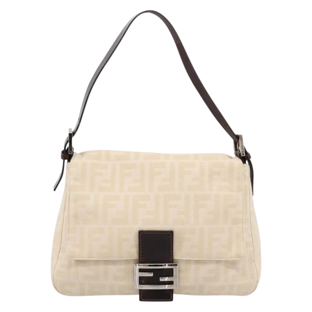 FENDI Zucca Canvas Mamma Baguette Shoulder Bag Ivory Silver Auth 207252A