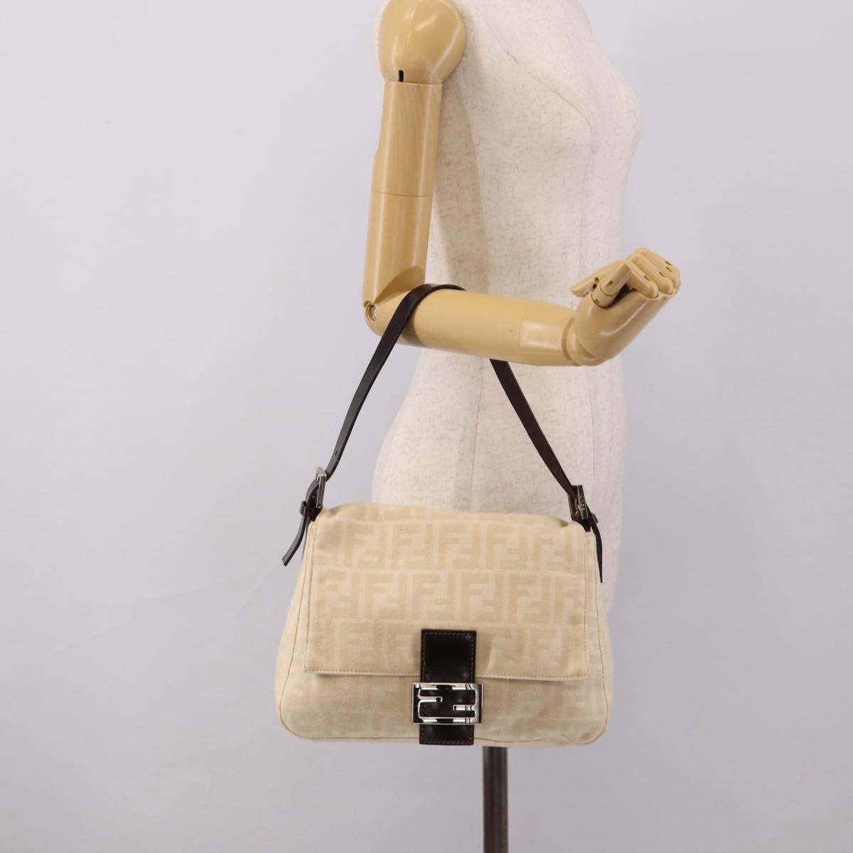 FENDI Zucca Canvas Mamma Baguette Shoulder Bag Ivory Silver Auth 207252A