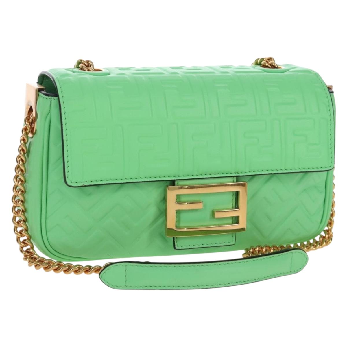 FENDI Zucca Baguette Chain Midi Shoulder Bag Leather Green 8BR793 Auth 207284SM