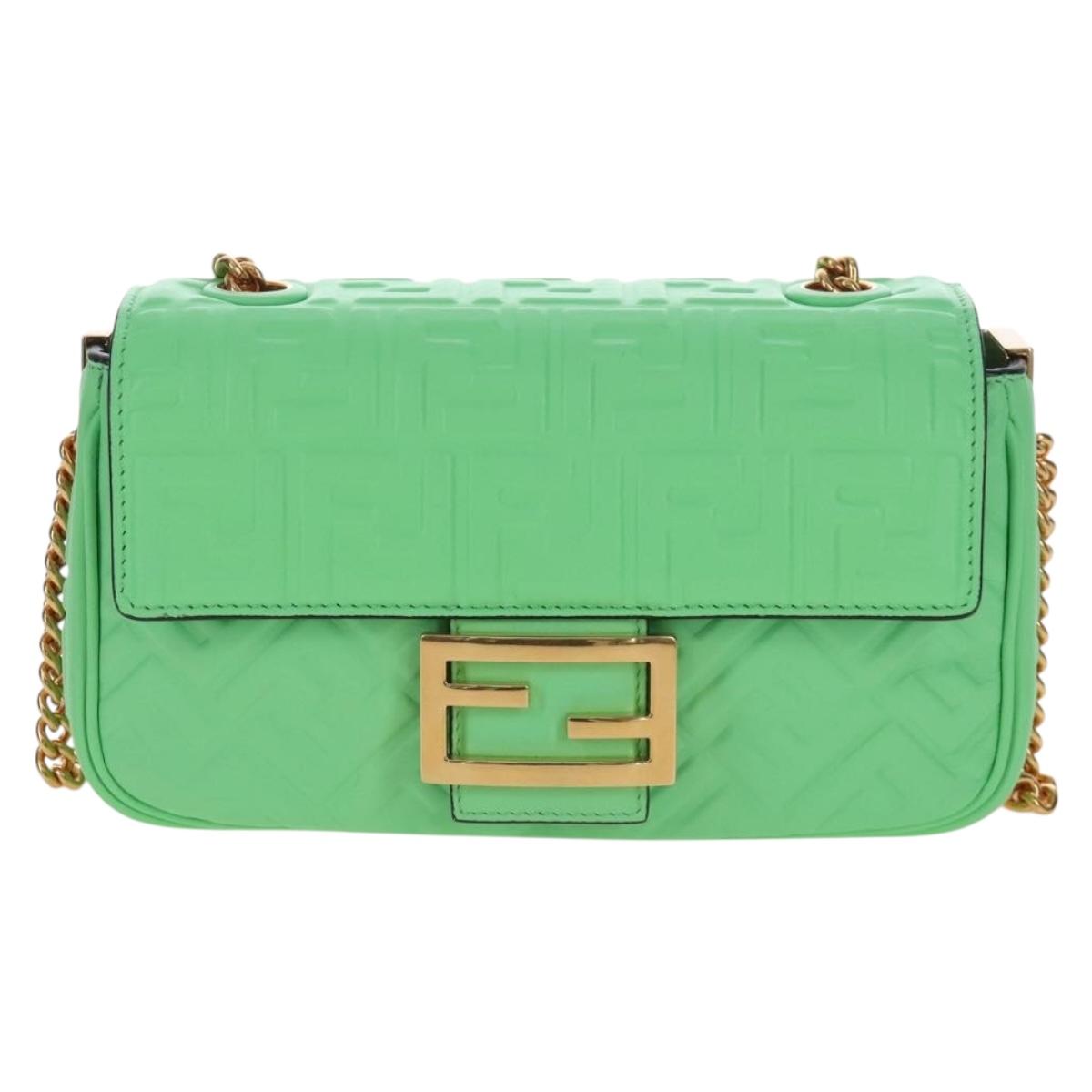 FENDI Zucca Baguette Chain Midi Shoulder Bag Leather Green 8BR793 Auth 207284SM