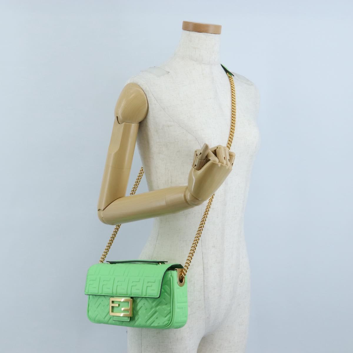 FENDI Zucca Baguette Chain Midi Shoulder Bag Leather Green 8BR793 Auth 207284SM