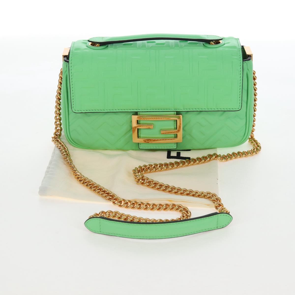 FENDI Zucca Baguette Chain Midi Shoulder Bag Leather Green 8BR793 Auth 207284SM