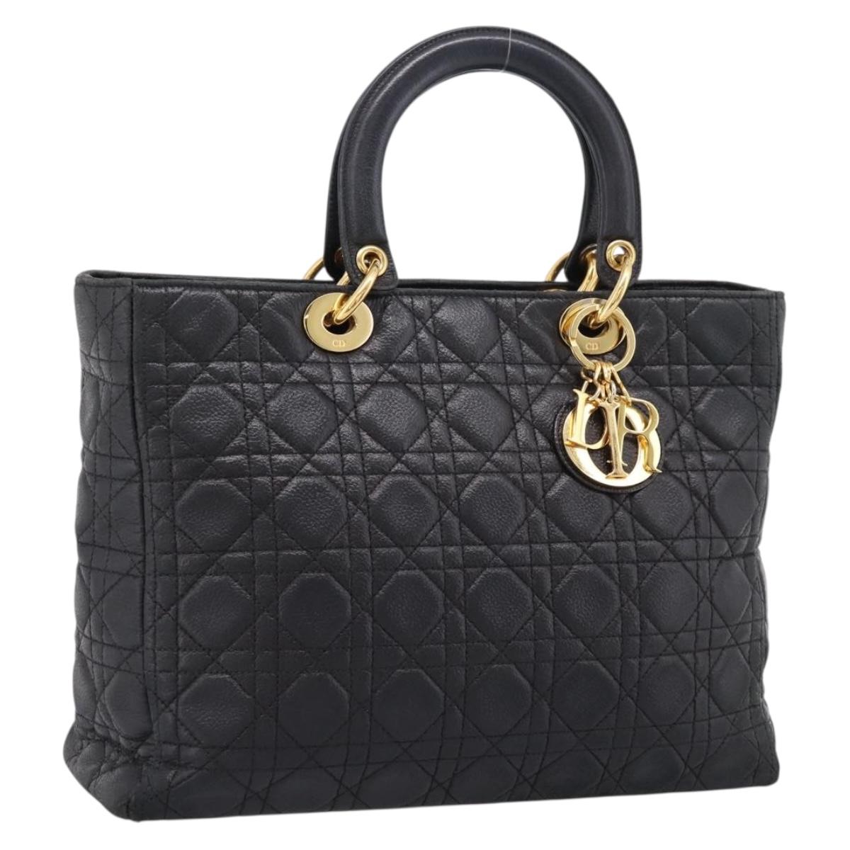 Christian Dior Lady Dior Canage Hand Bag Leather Black Gold Tone Auth 207288A