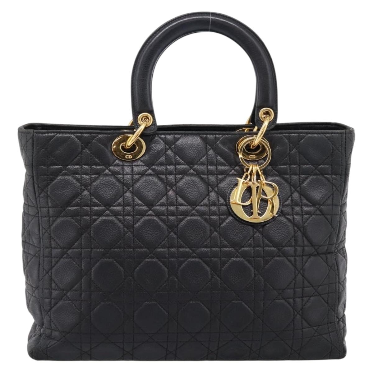 Christian Dior Lady Dior Canage Hand Bag Leather Black Gold Tone Auth 207288A