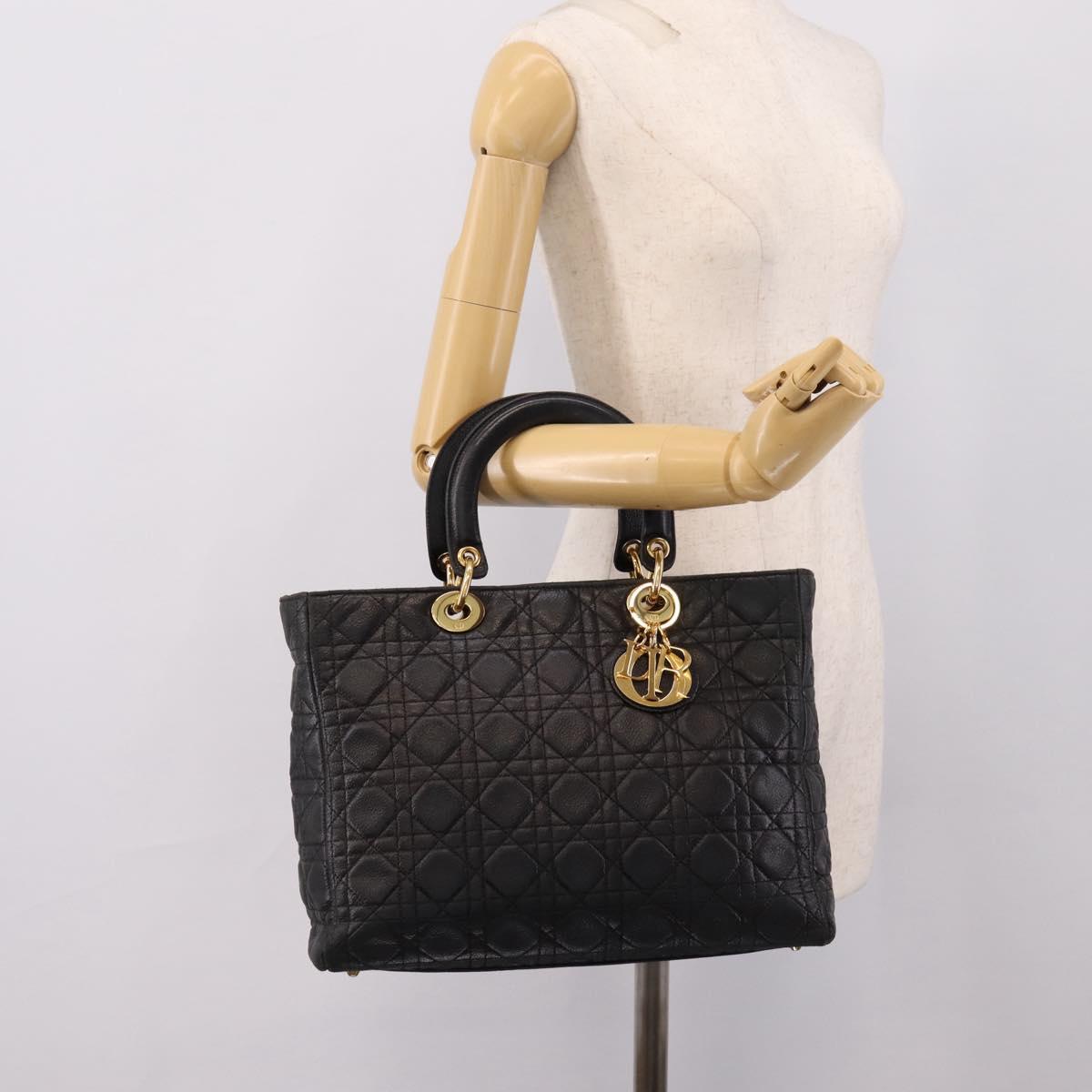 Christian Dior Lady Dior Canage Hand Bag Leather Black Gold Tone Auth 207288A