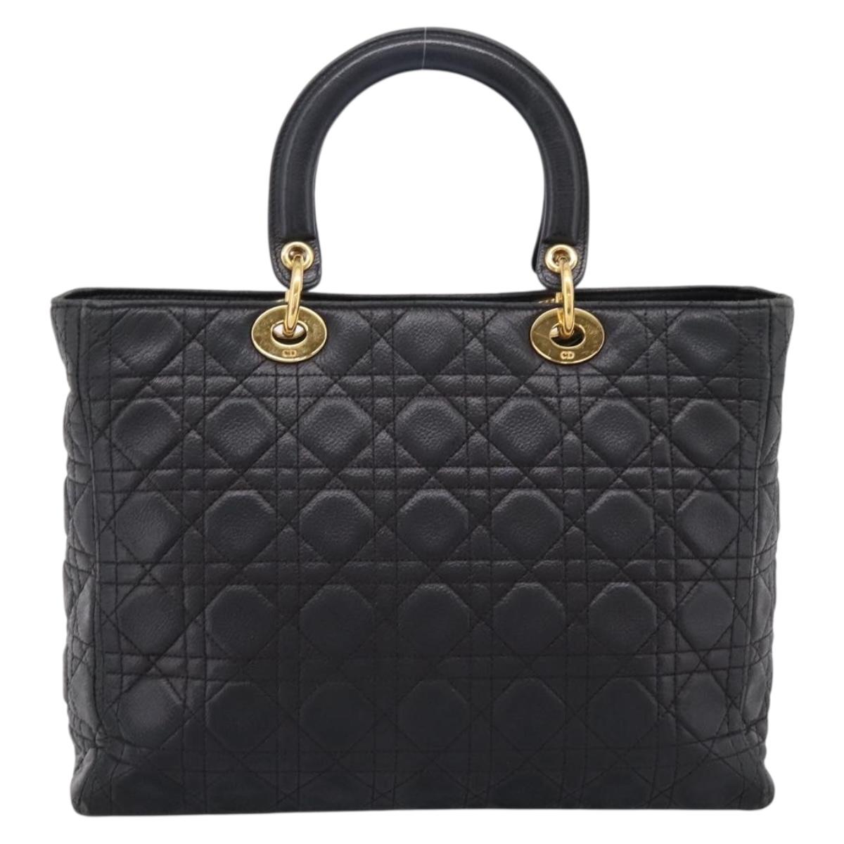Christian Dior Lady Dior Canage Hand Bag Leather Black Gold Tone Auth 207288A