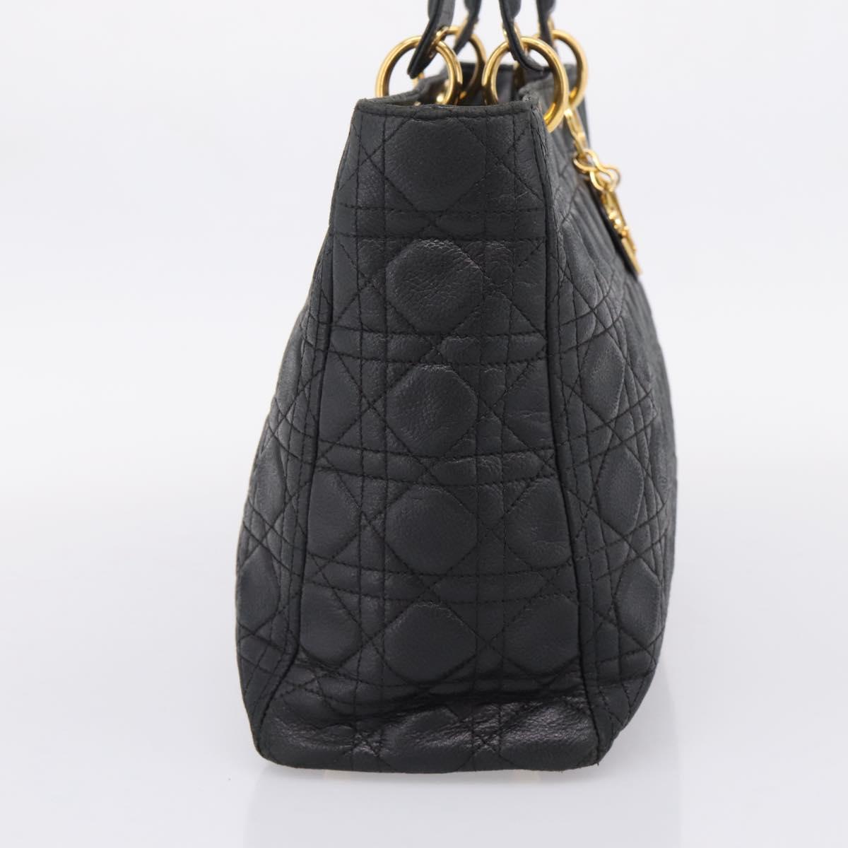 Christian Dior Lady Dior Canage Hand Bag Leather Black Gold Tone Auth 207288A