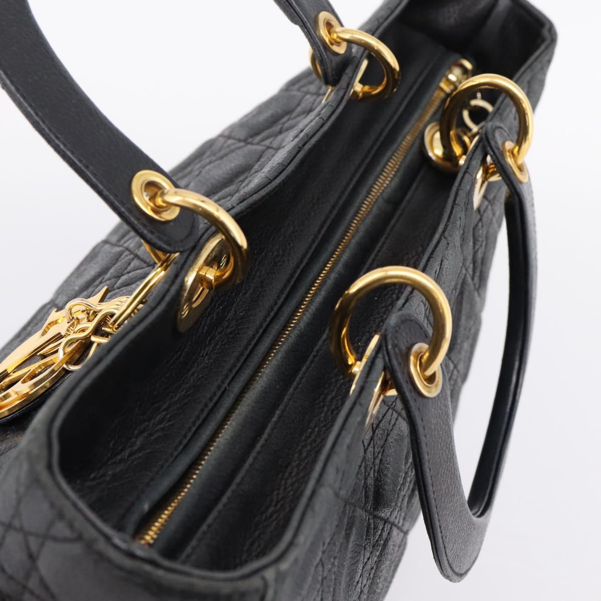 Christian Dior Lady Dior Canage Hand Bag Leather Black Gold Tone Auth 207288A