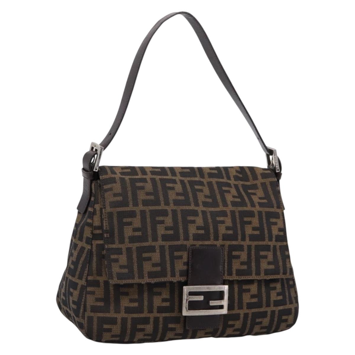 FENDI Zucca Canvas Mamma Baguette Shoulder Bag Brown Silver Auth 207296A