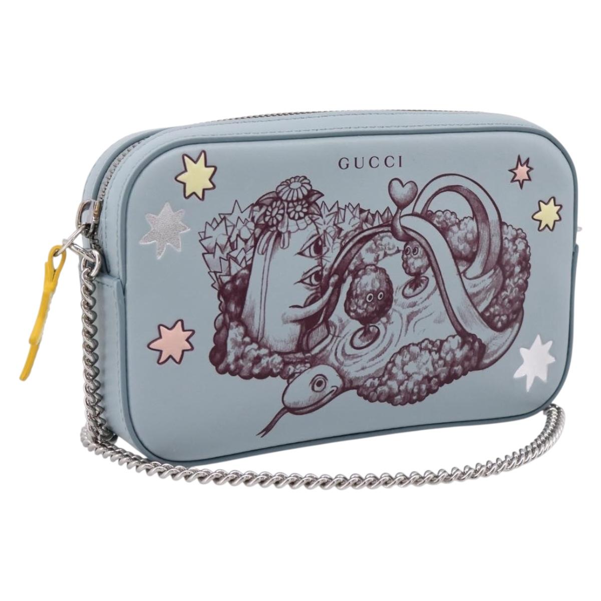 GUCCI Yuko Higuchi Chain Shoulder Bag Leather Light Blue 860648 Auth 207306M