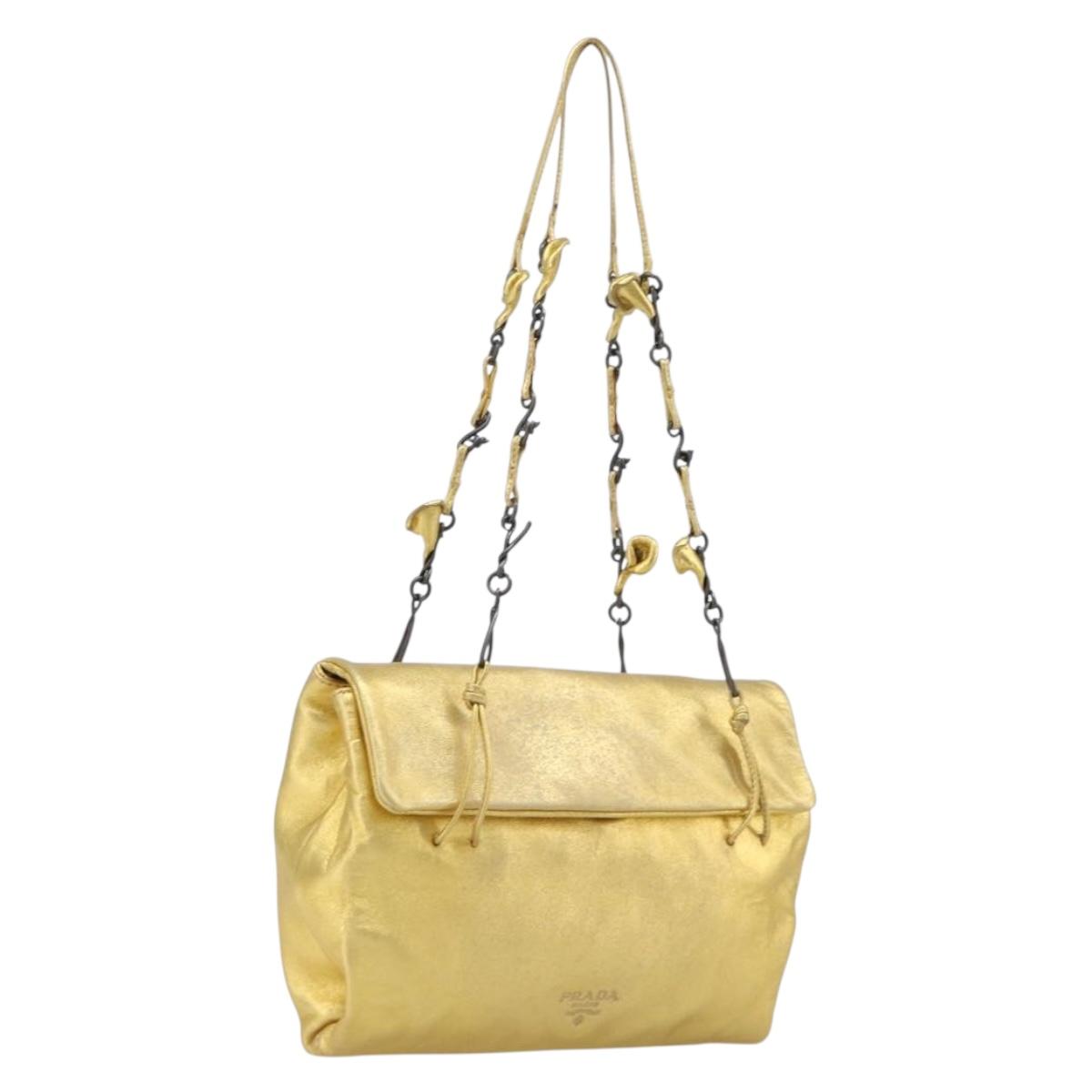 PRADA Chain Shoulder Bag Leather Gold Auth 207307