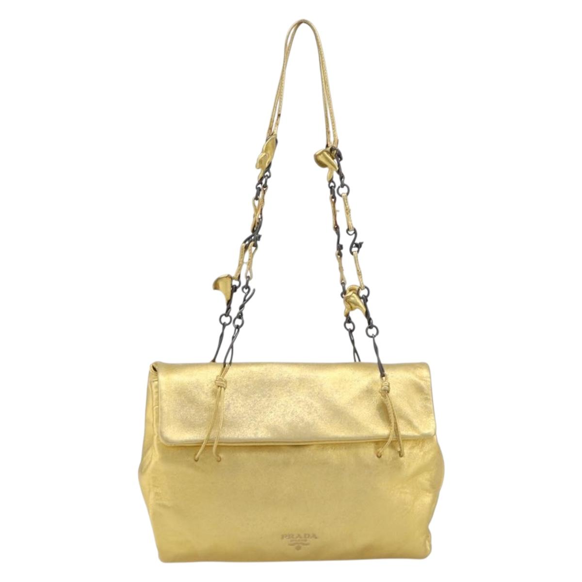 PRADA Chain Shoulder Bag Leather Gold Auth 207307