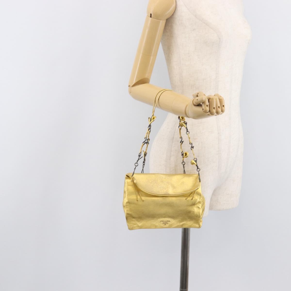PRADA Chain Shoulder Bag Leather Gold Auth 207307