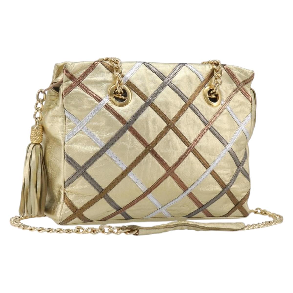 Bally Chain Shoulder Bag Leather Gold Auth 207326