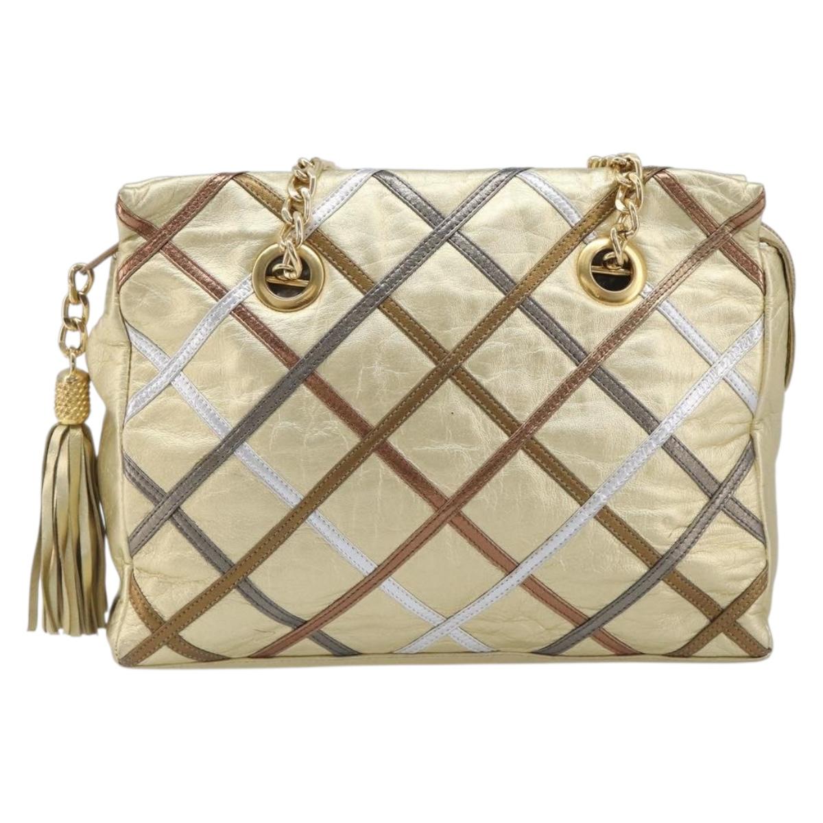 Bally Chain Shoulder Bag Leather Gold Auth 207326