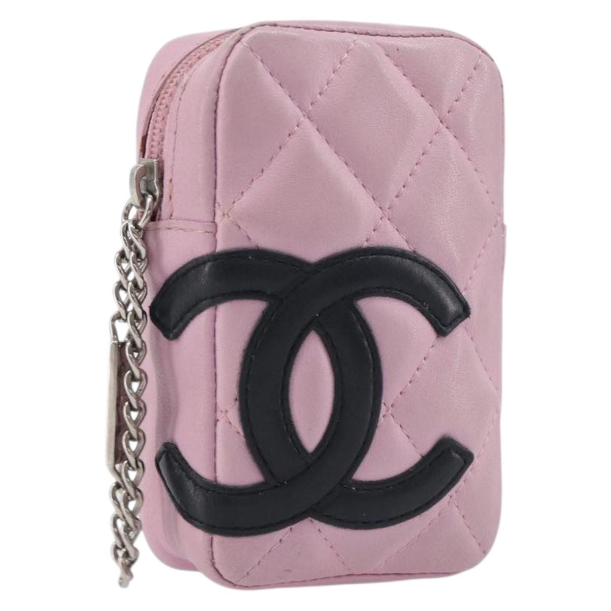 CHANEL Cambon Line Cigarette Case Leather Pink Silver CC Auth 207360