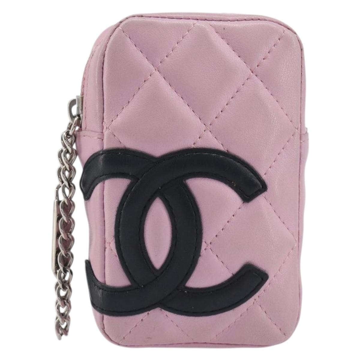CHANEL Cambon Line Cigarette Case Leather Pink Silver CC Auth 207360