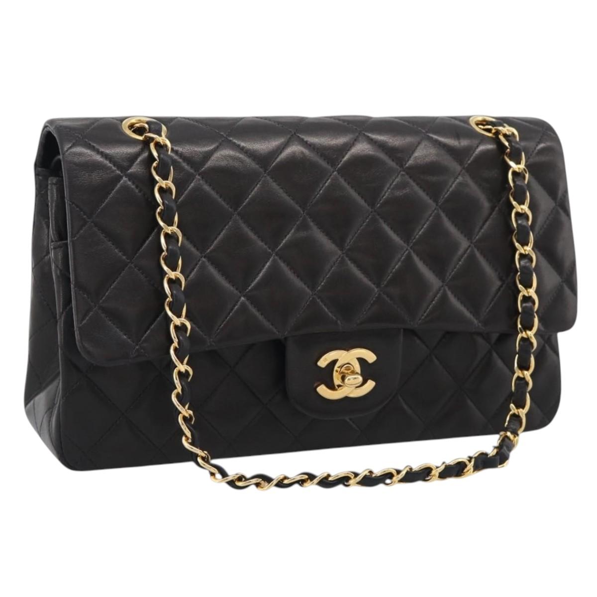 CHANEL Matelasse 25 Chain Shoulder Bag Lamb Skin Black Gold CC Auth 207421SAM