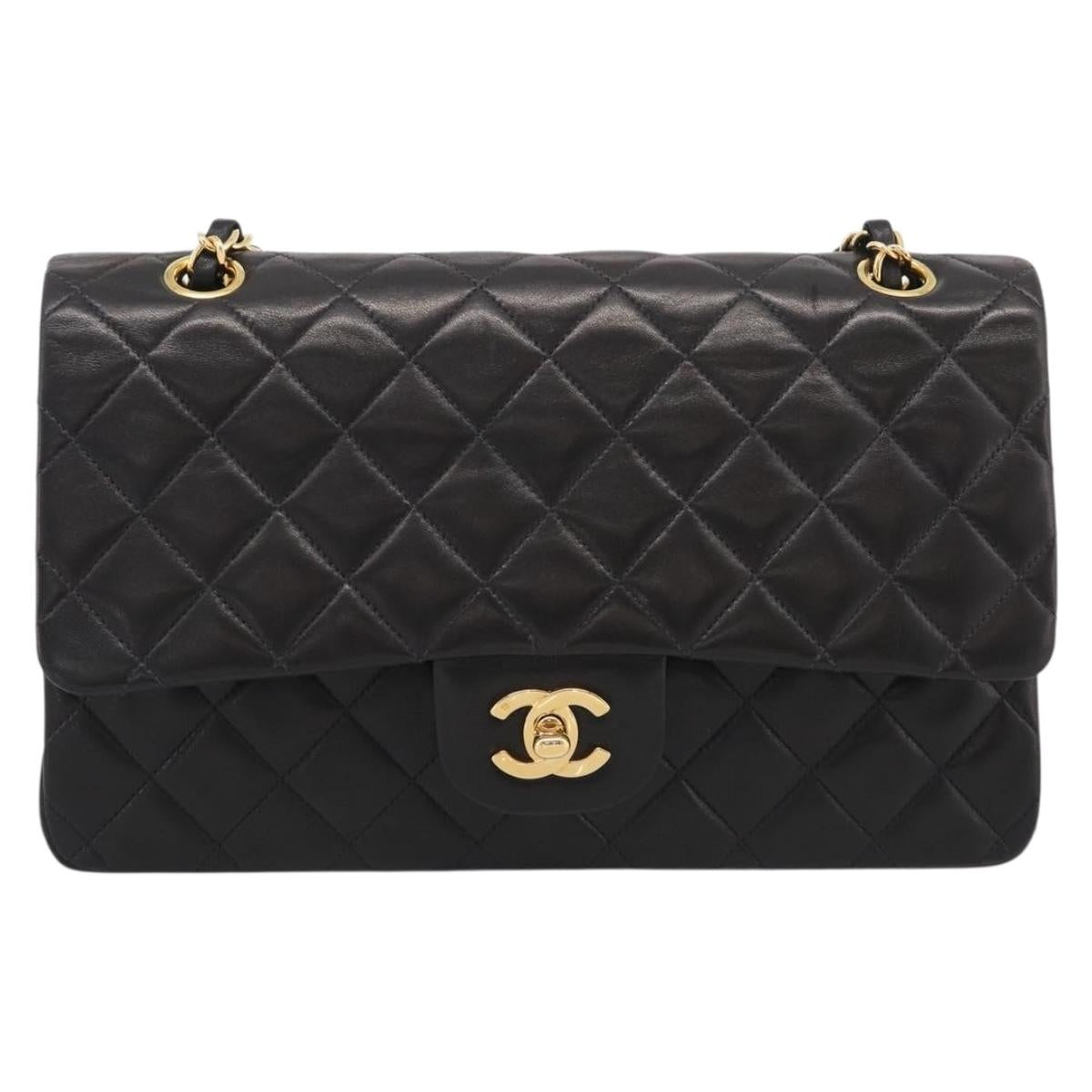 CHANEL Matelasse 25 Chain Shoulder Bag Lamb Skin Black Gold CC Auth 207421SAM