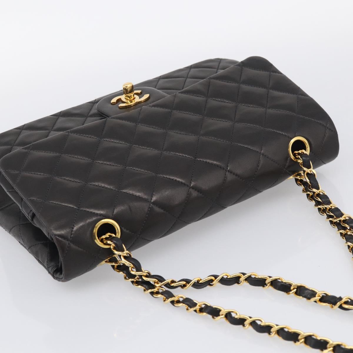 CHANEL Matelasse 25 Chain Shoulder Bag Lamb Skin Black Gold CC Auth 207421SAM