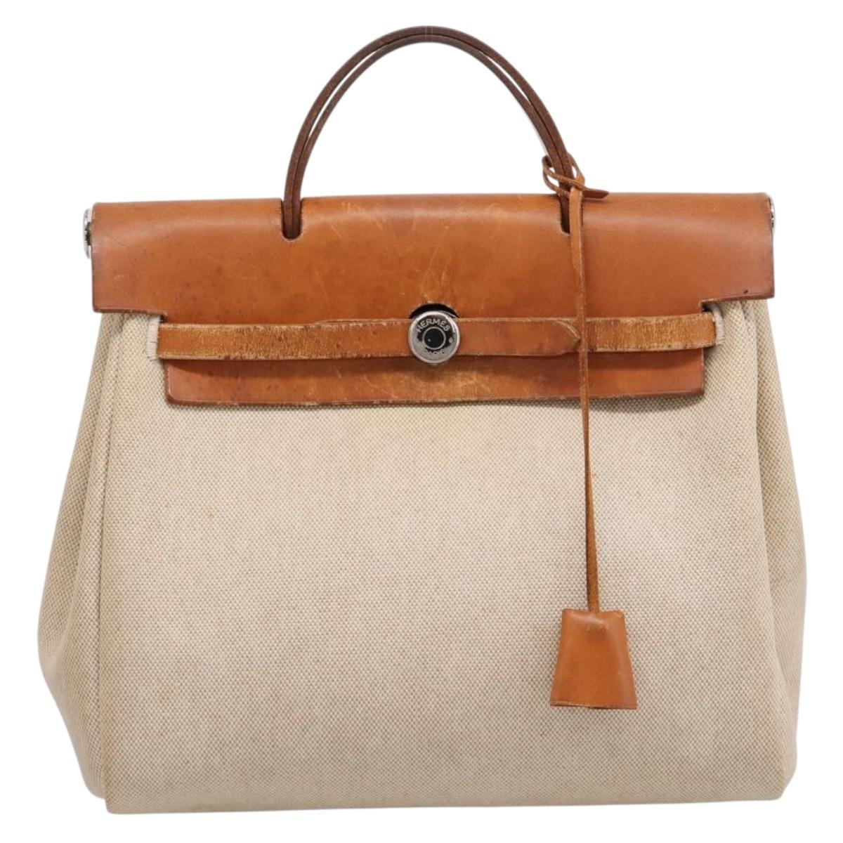 HERMES Her Bag A Dos Backpack Canvas 2way Beige Silver Auth 207431