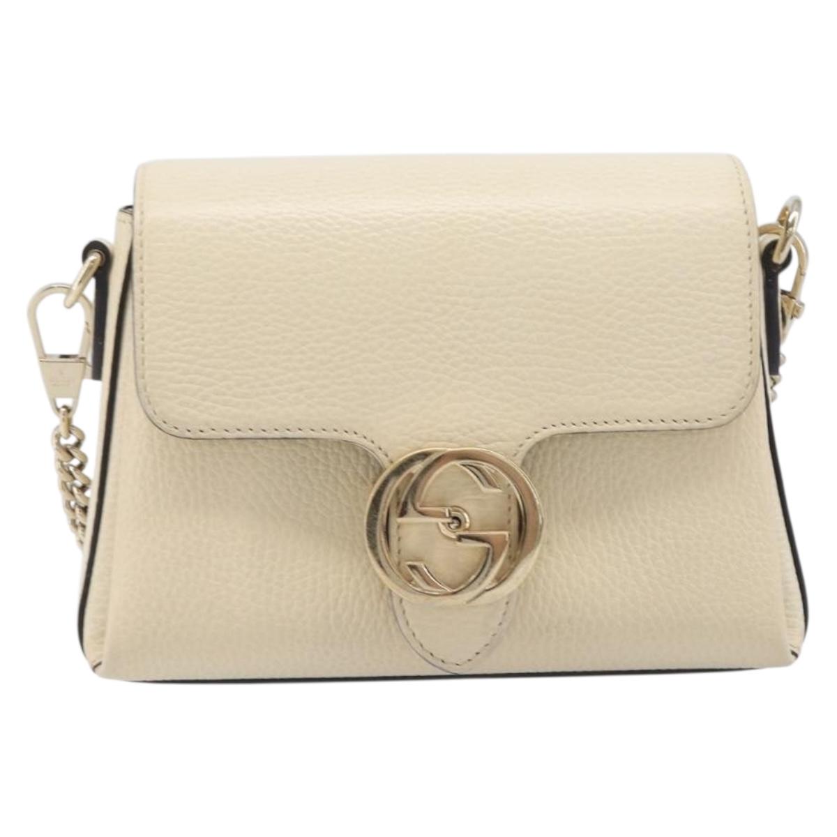 GUCCI Interlocking G Chain Shoulder Bag Leather White Gold 607720 Auth 207449V