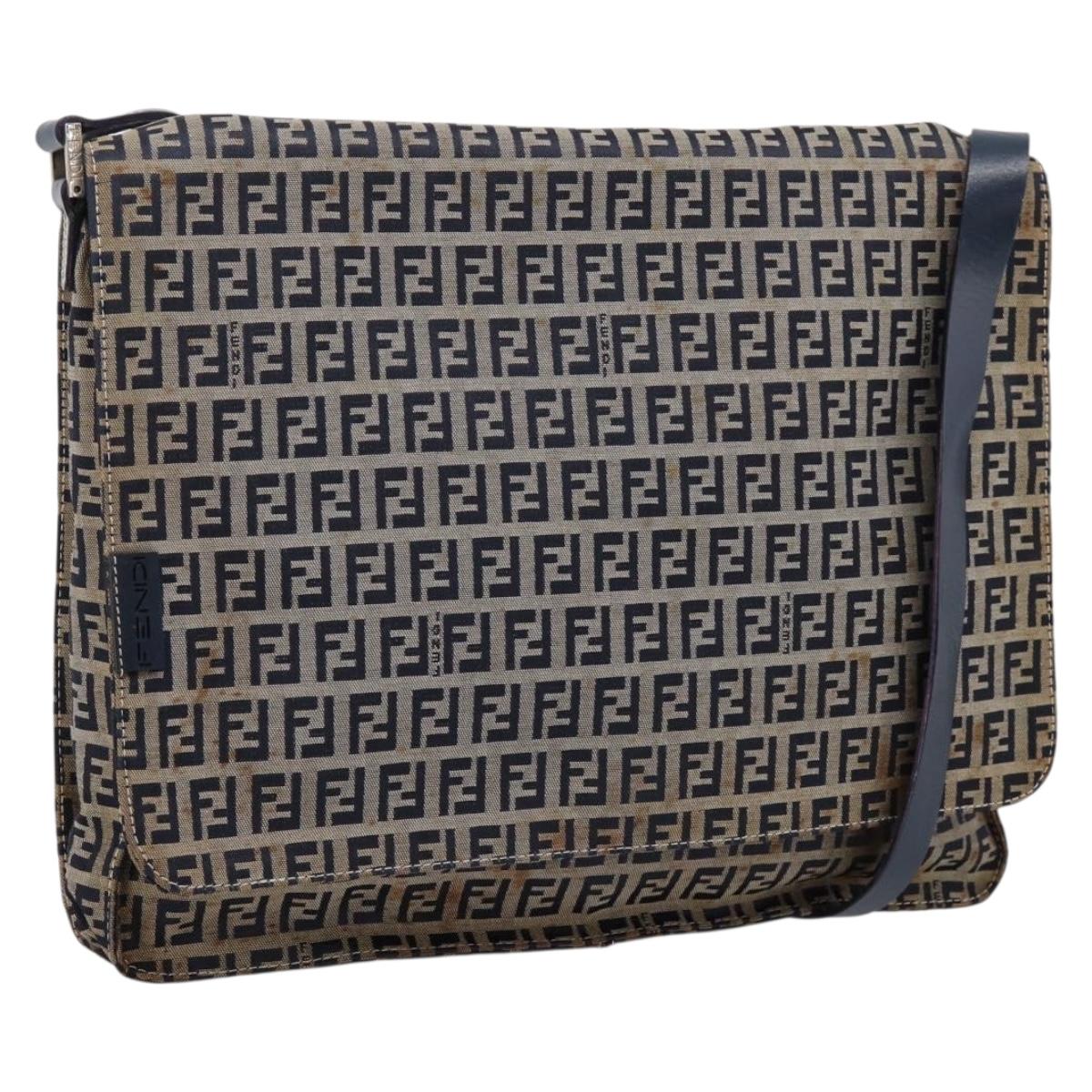 FENDI Zucchino Canvas Shoulder Bag Navy Silver Auth 207459