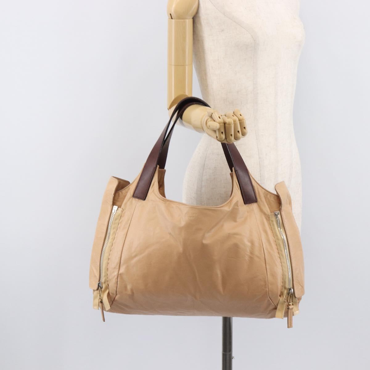 CELINE Tote Bag Leather Beige Silver Auth 207461A