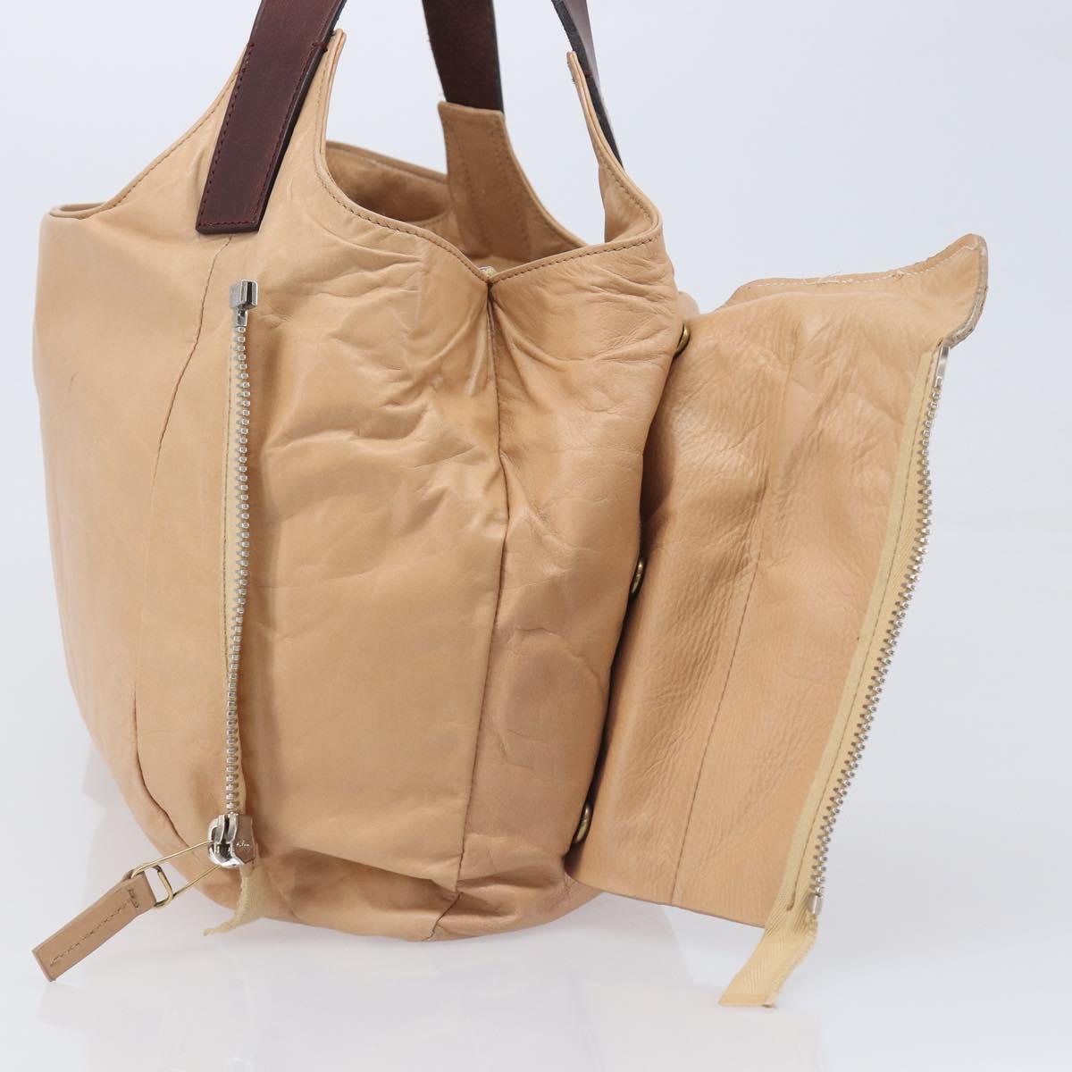 CELINE Tote Bag Leather Beige Silver Auth 207461A