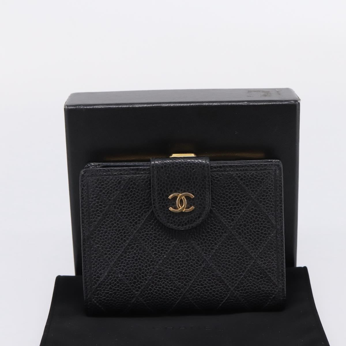 CHANEL Bicolore Compact Wallet Caviar Skin Black Gold CC Auth 207490V