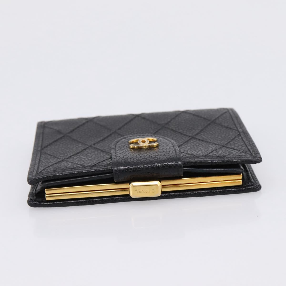 CHANEL Bicolore Compact Wallet Caviar Skin Black Gold CC Auth 207490V