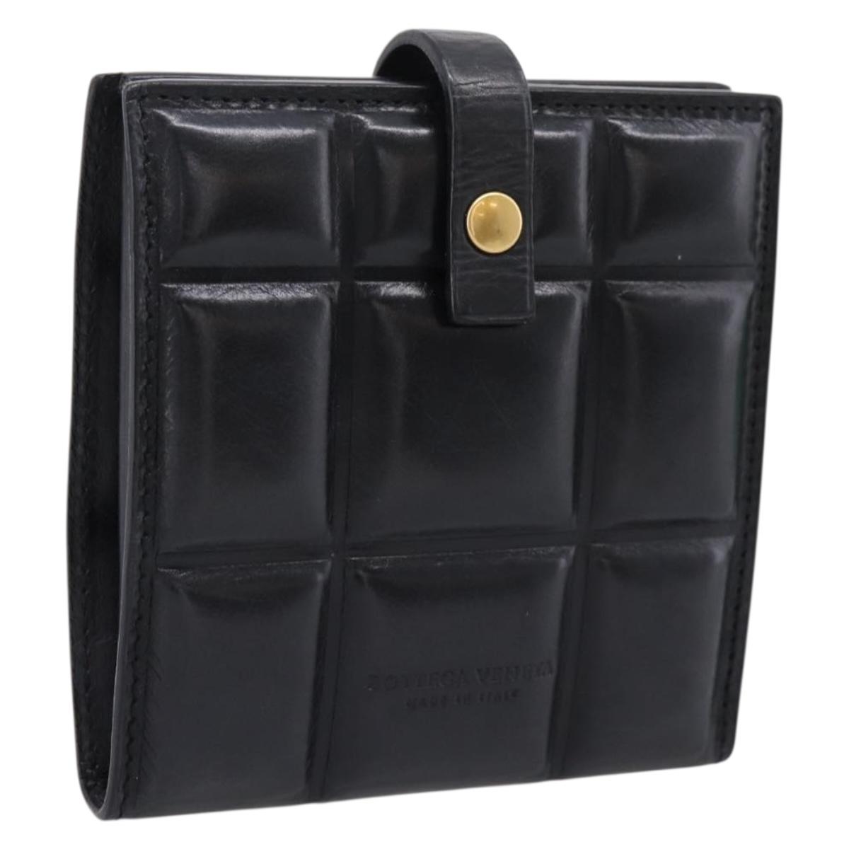 Bottega Veneta Padded Compact Wallet Leather Black Gold Tone Auth 207496M