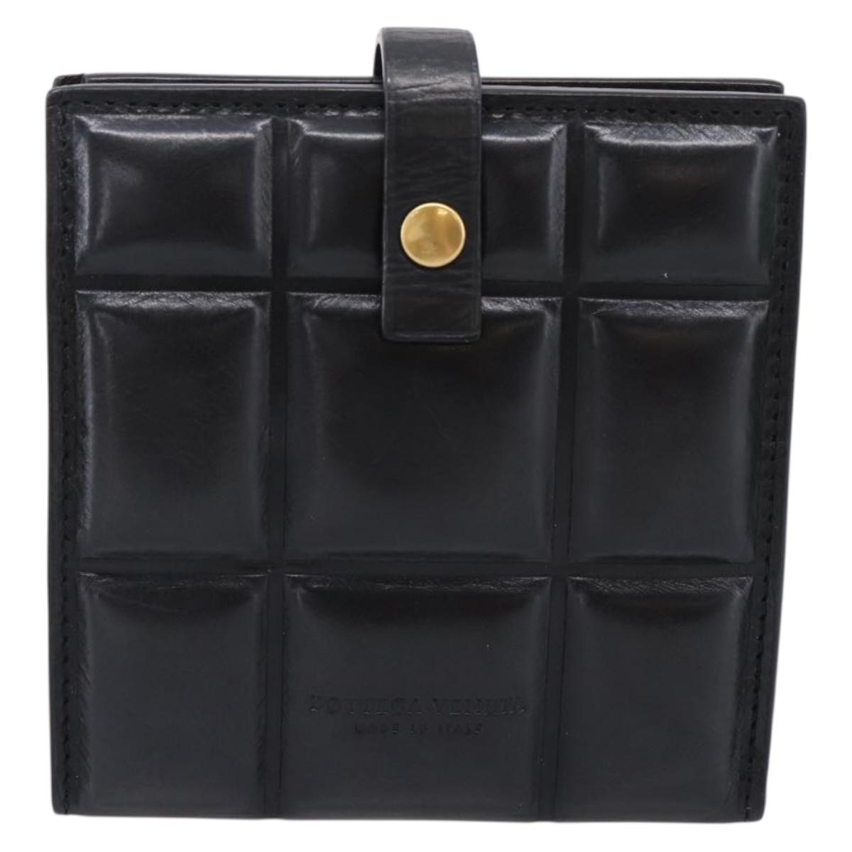 Bottega Veneta Padded Compact Wallet Leather Black Gold Tone Auth 207496M